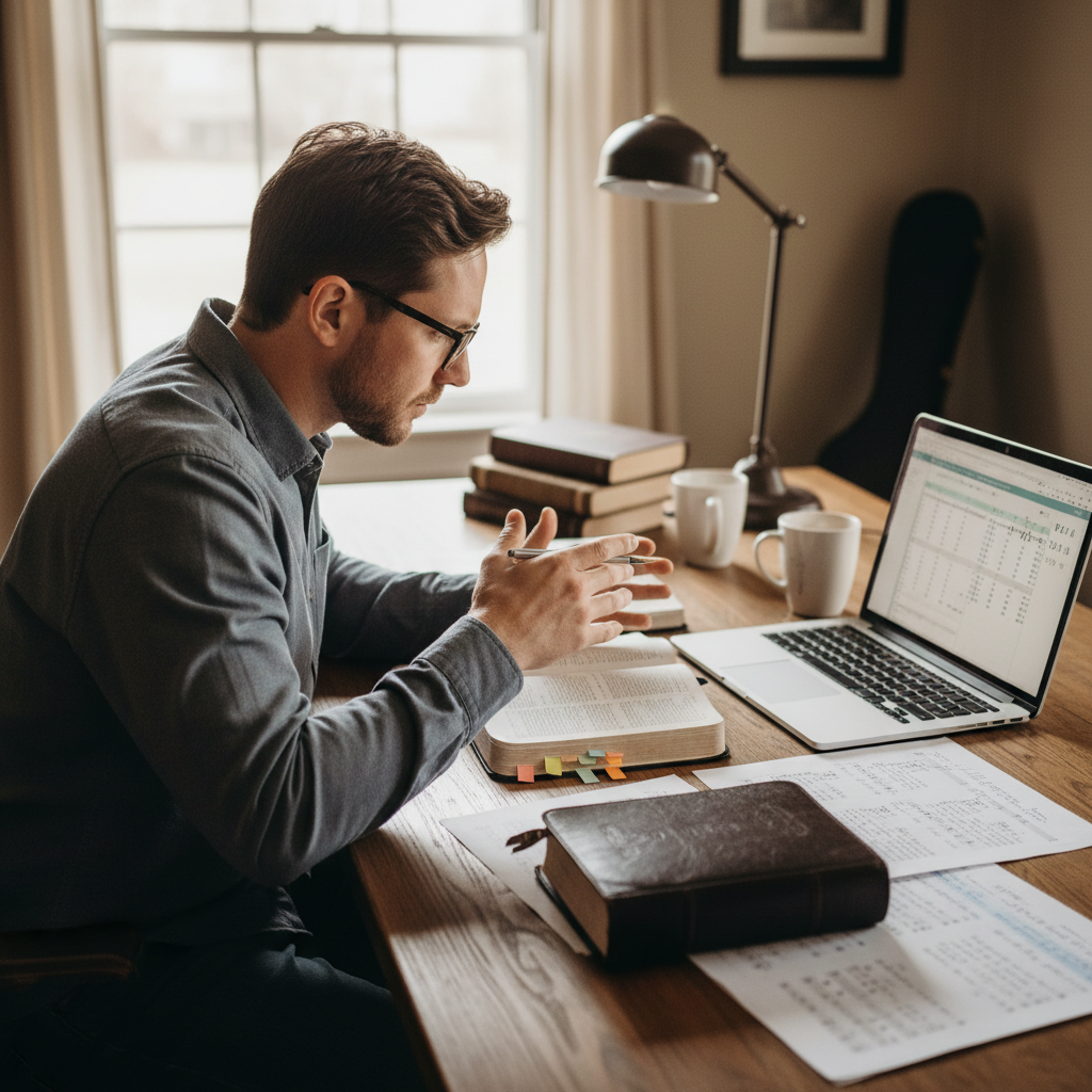 Worship leader reviewing song lyrics with Bible for theological comparison