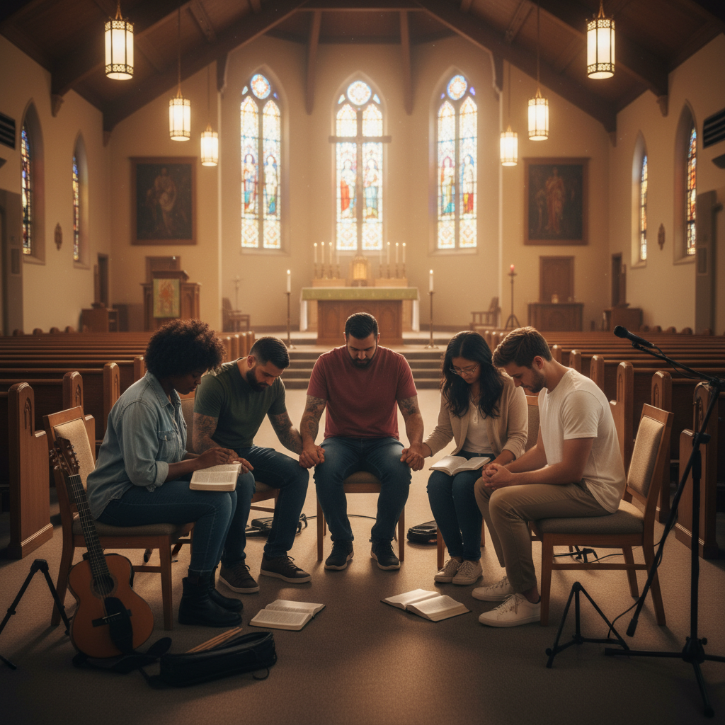 Worship team gathered in circle with Bibles open, praying together