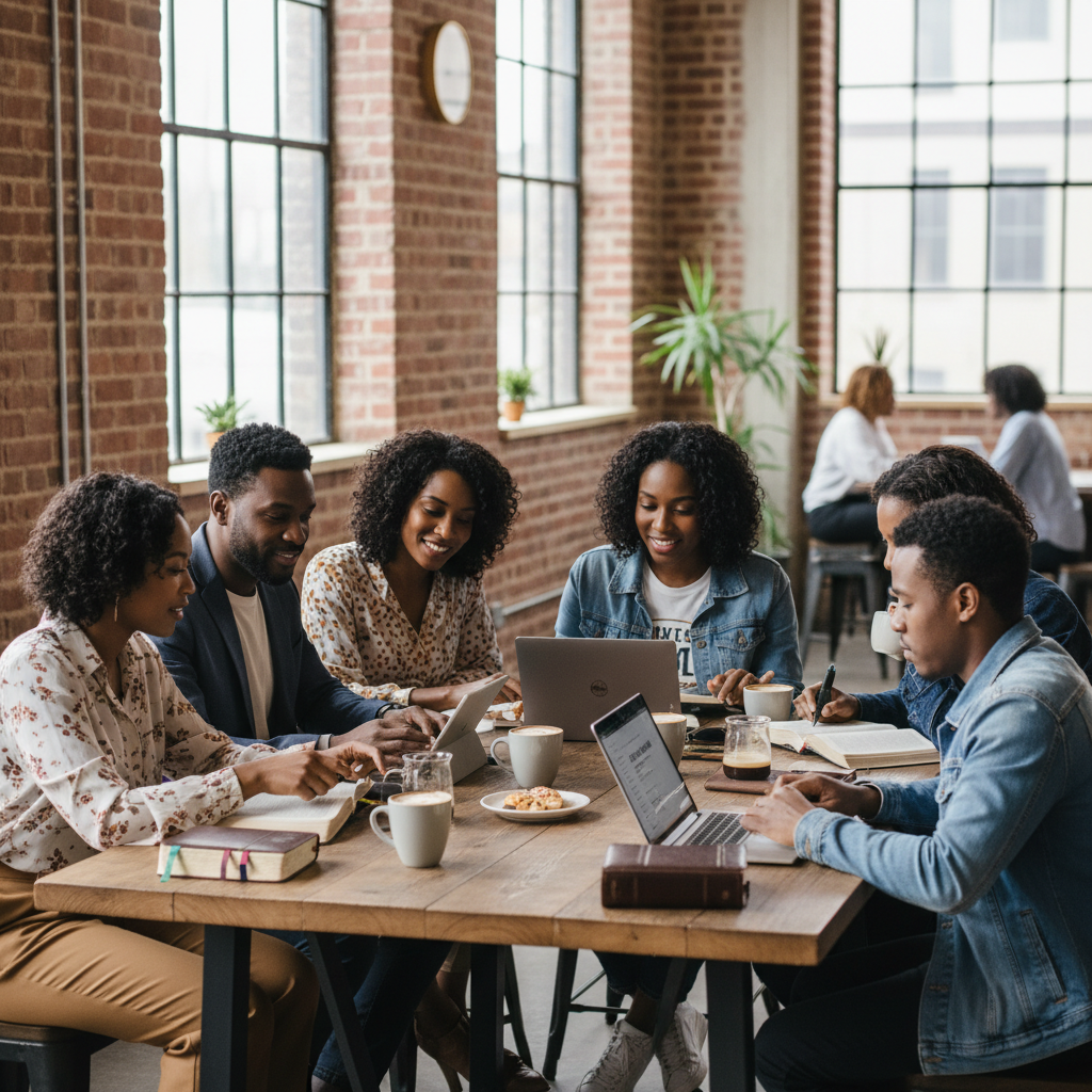 AI Generation Prompt: Contemporary photograph of young Black professionals (ages 25-35) having Bible study in modern urban coffee shop or co-working space. Group of 6-7 diverse Black millennials, mix of men and women in business casual and creative professional attire. Laptops, tablets, and physical Bibles on table, specialty coffee drinks, modern minimalist interior with exposed brick or industrial design. Engaged discussion, someone using Bible app on tablet, another highlighting in physical Bible, one person taking notes on laptop. Natural light from large windows, hip urban atmosphere, authentic millennial professional aesthetic. Photorealistic, warm natural lighting, sense of intellectual engagement and authentic community, professional photography 8k quality.
