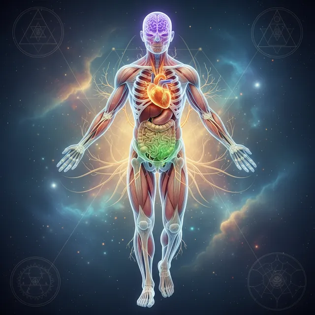 Human body with different parts glowing representing spiritual gifts, interconnected members working together in harmony