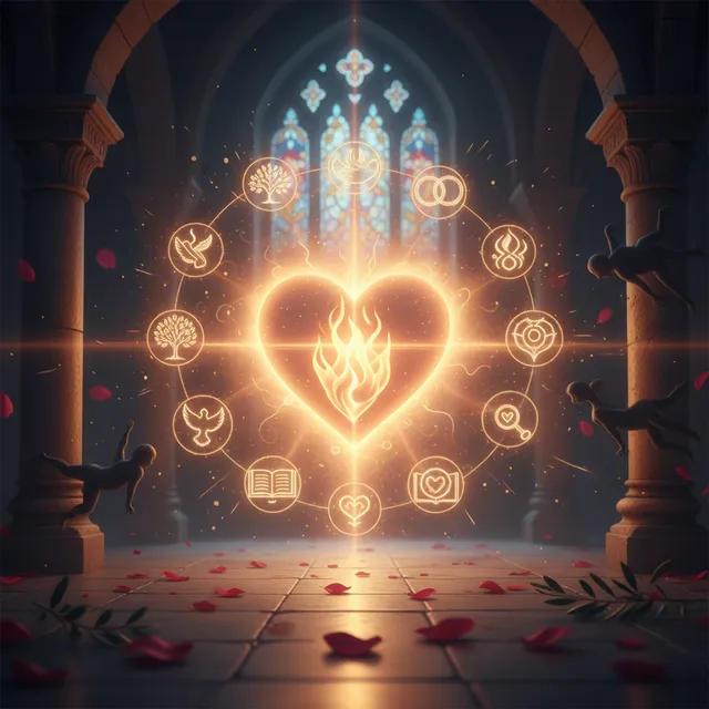 Heart shaped radiant light emanating warmth representing Christian love that is patient, kind, and never fails