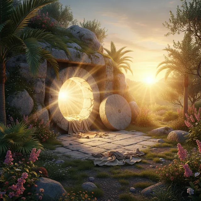 Empty tomb with brilliant light streaming out at dawn, representing Christ's resurrection victory over death