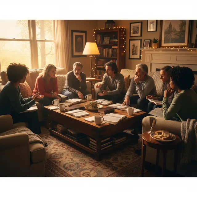 Diverse group of adults studying 1 Corinthians together in a cozy living room, engaged in discussion