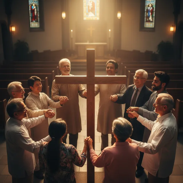 Diverse group of people standing united around a central cross, hands joined in circle, representing church unity in Christ