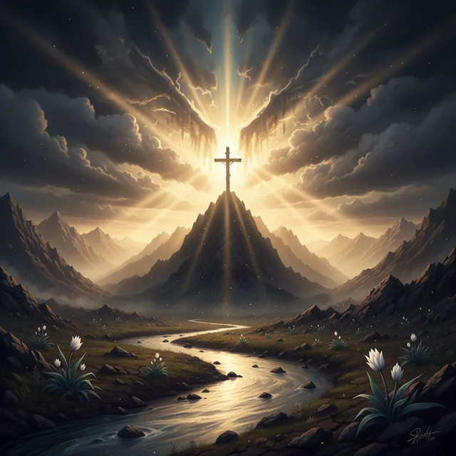 Radiant sunrise breaking through storm clouds representing living hope, light piercing darkness, cross silhouette, resurrection imagery