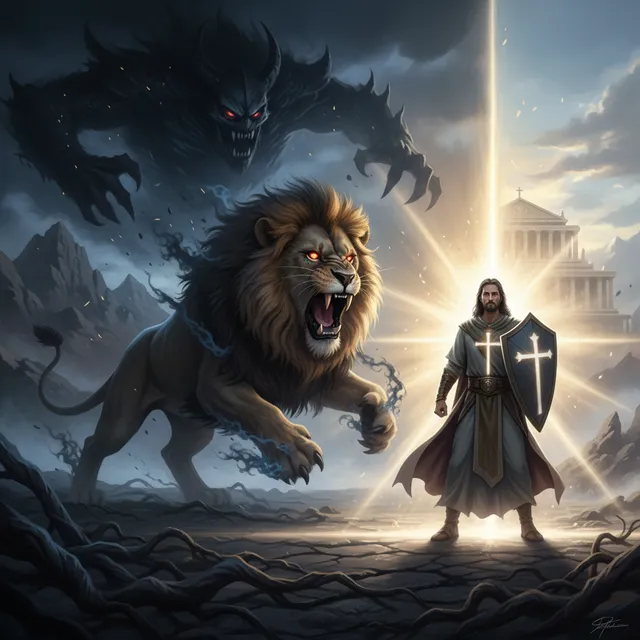 Fierce roaring lion prowling in shadows representing the devil seeking to devour, believer standing firm in light refusing to be intimidated