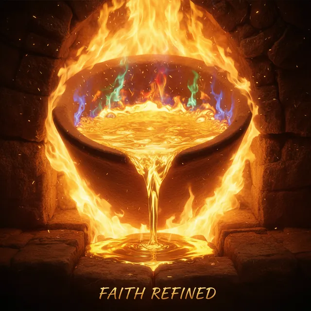 Gold being refined in fire, molten gold in crucible, impurities burning away, beautiful pure gold emerging, metaphor for faith tested by trials