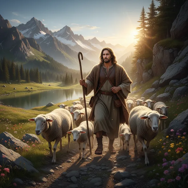Caring shepherd guiding sheep through difficult terrain, protective posture, leading sheep to green pastures and still waters