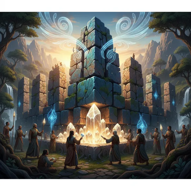 Ancient stone temple under construction with living stones being fitted together, diverse stones each unique yet unified, cornerstone prominently placed