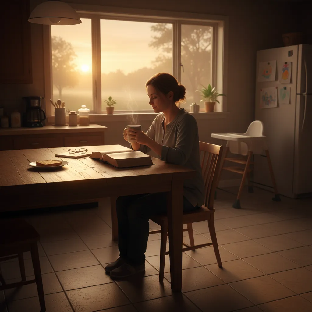 Parent reading Bible early in the morning before children wake up, peaceful kitchen scene with coffee and sunrise light through window