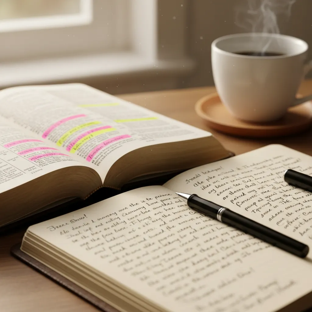 Open Bible with highlighted verses, journal beside it with handwritten notes and prayers, pen resting on pages