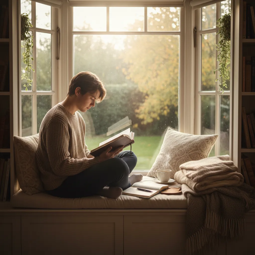 Person peacefully reading Bible at a cozy window seat with soft natural light, cup of tea nearby, and journal open beside the Bible