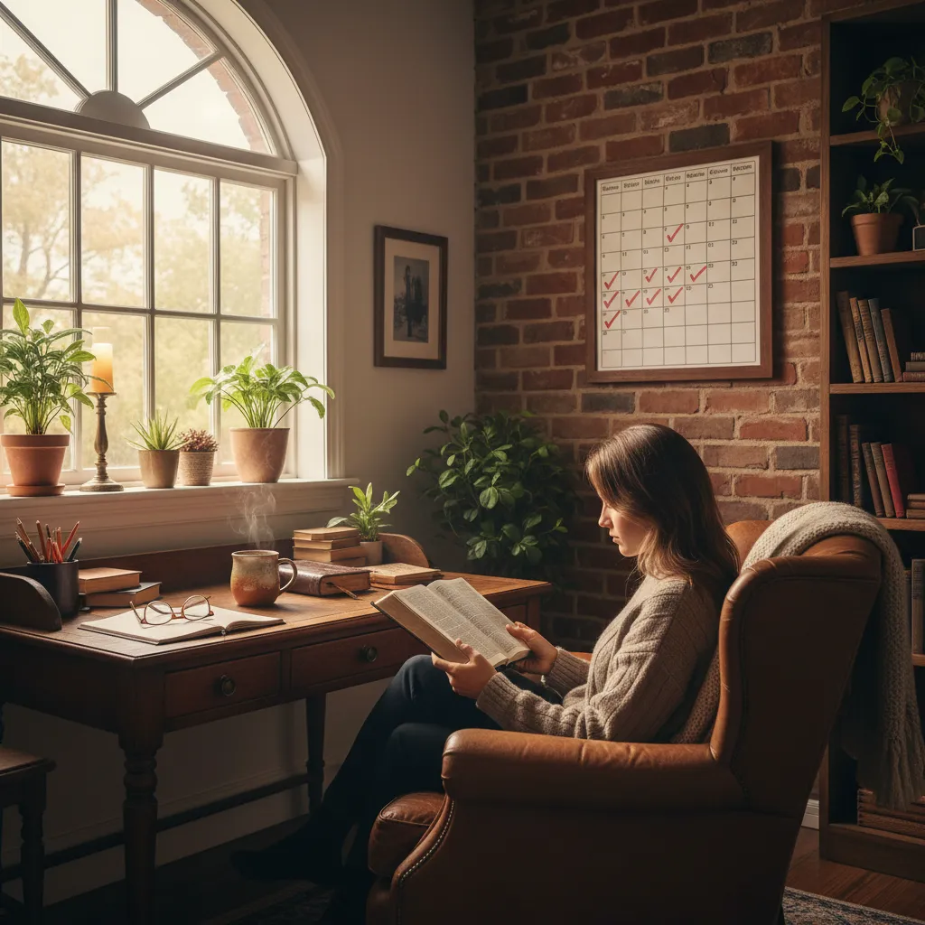 Dedicated reader at cozy home study space with open Bible and reading schedule