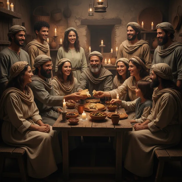 Early church community gathering and breaking bread together in fellowship