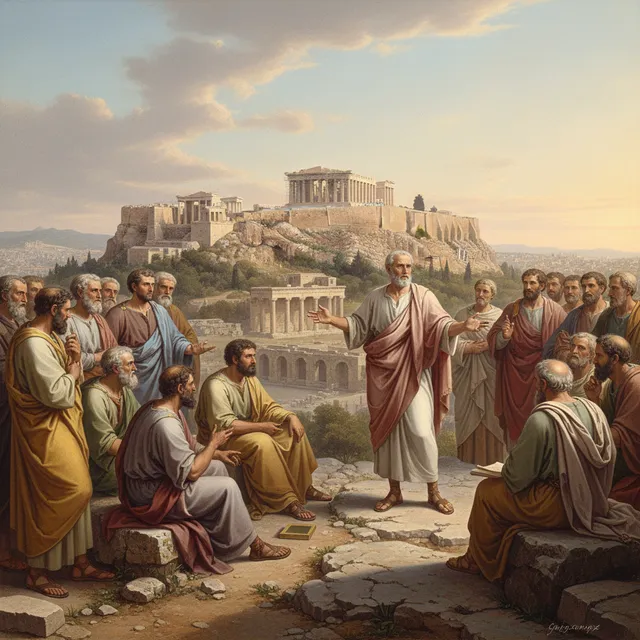 Paul preaching at Mars Hill in Athens to Greek philosophers with Acropolis in background