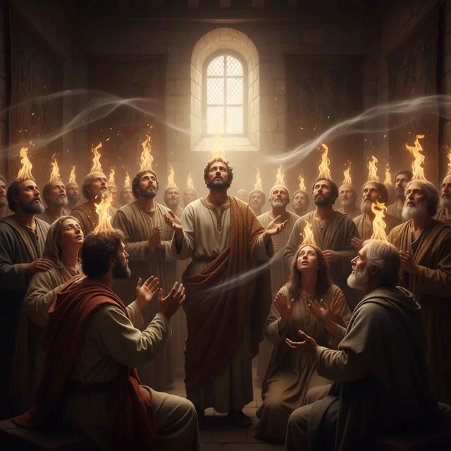 Dramatic scene of Pentecost with flames of fire resting on believers in upper room