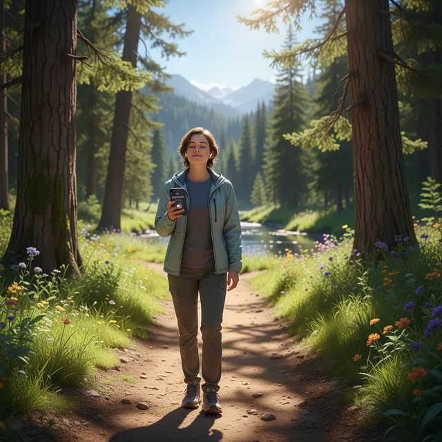 Person with wireless earbuds walking outdoors on sunny trail listening to audio Bible on phone app