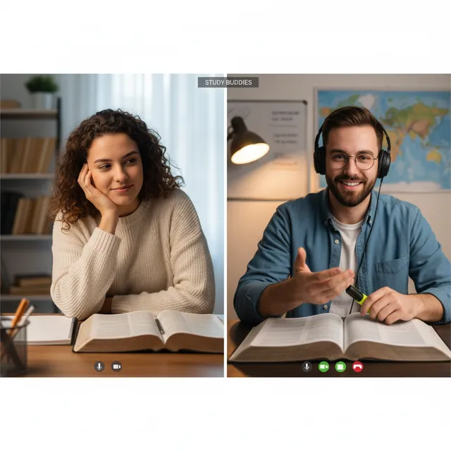Two people studying Bibles together virtually on video call for body doubling accountability