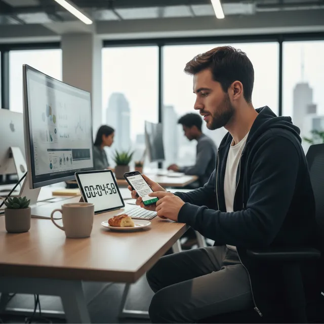Young adult with coffee reading Bible on phone during a 5 minute break at workspace