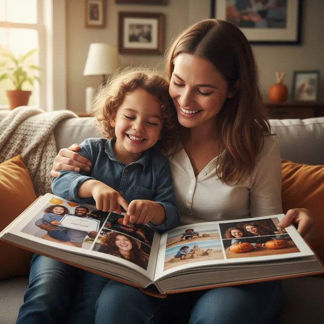 Young adopted child looking at family photo album with adoptive parent, both smiling, photos showing adoption day and family memories