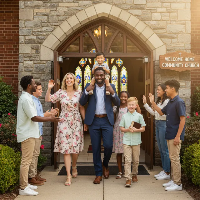 Multiracial adoptive family walking into church together, Sunday morning, warm welcoming atmosphere