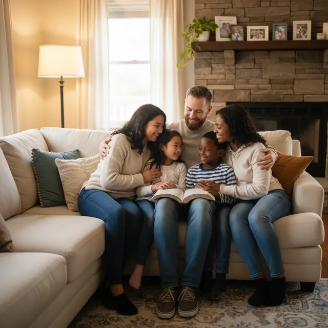 Adoptive family with parents and children of different ethnicities sitting together on couch with open Bible, warm living room lighting