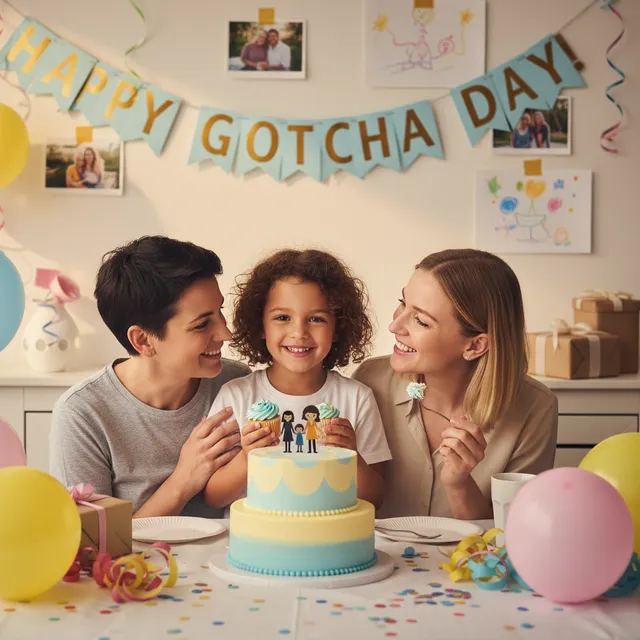 Family celebrating adoption anniversary (Gotcha Day) with cake and decorations, adopted child beaming with joy