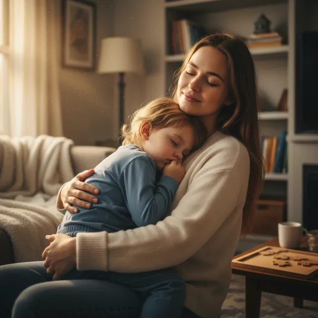 Adoptive mother holding young child in gentle embrace, child resting peacefully, soft warm lighting