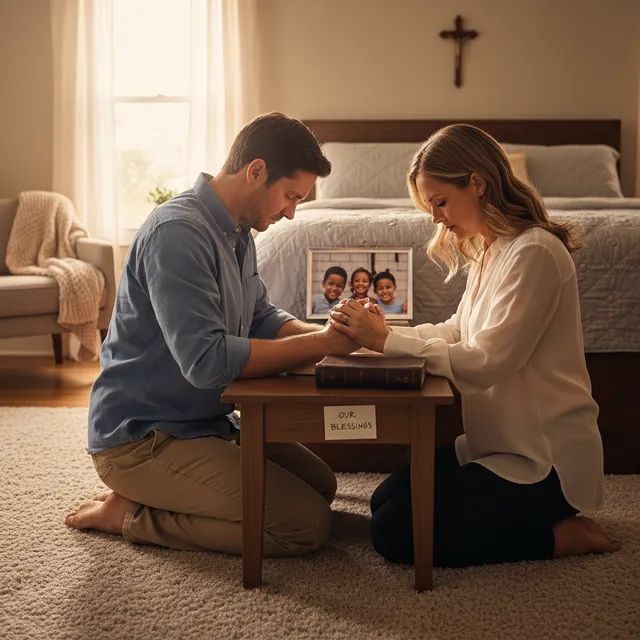 Adoptive parents kneeling in prayer together in bedroom, peaceful evening light, hands clasped