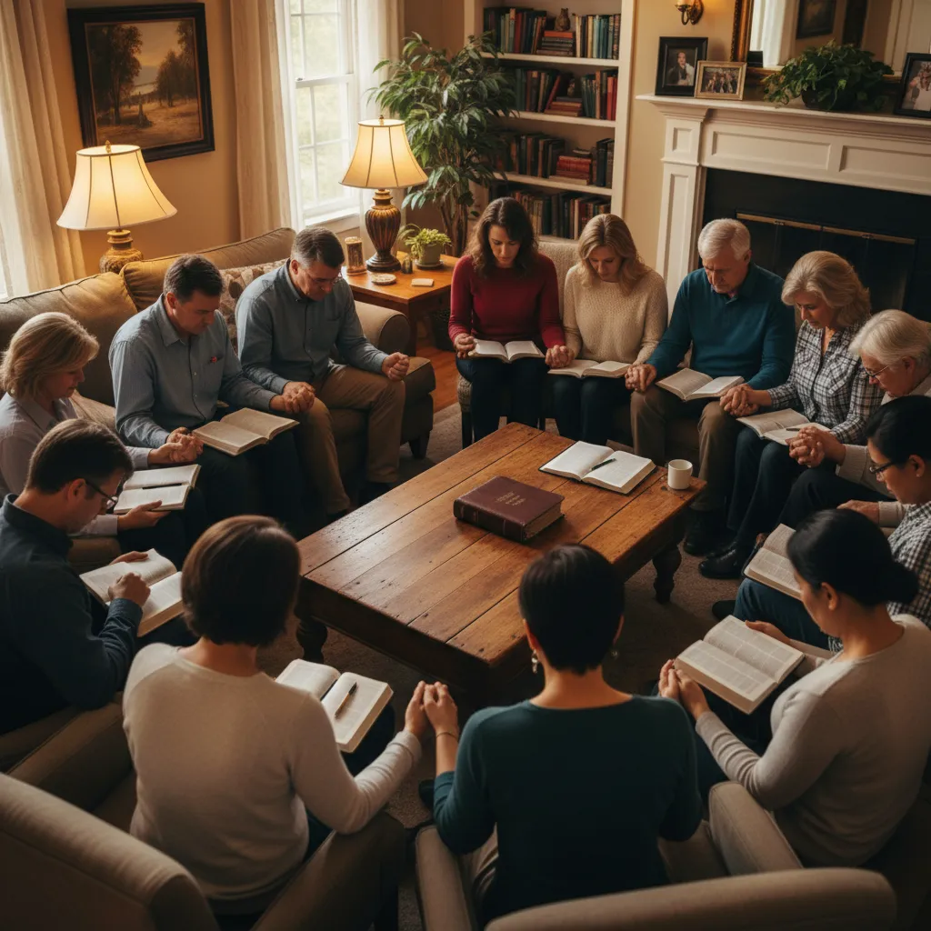Mixed adult Bible study group in prayer together, showing community and spiritual depth in a warm, reverent atmosphere