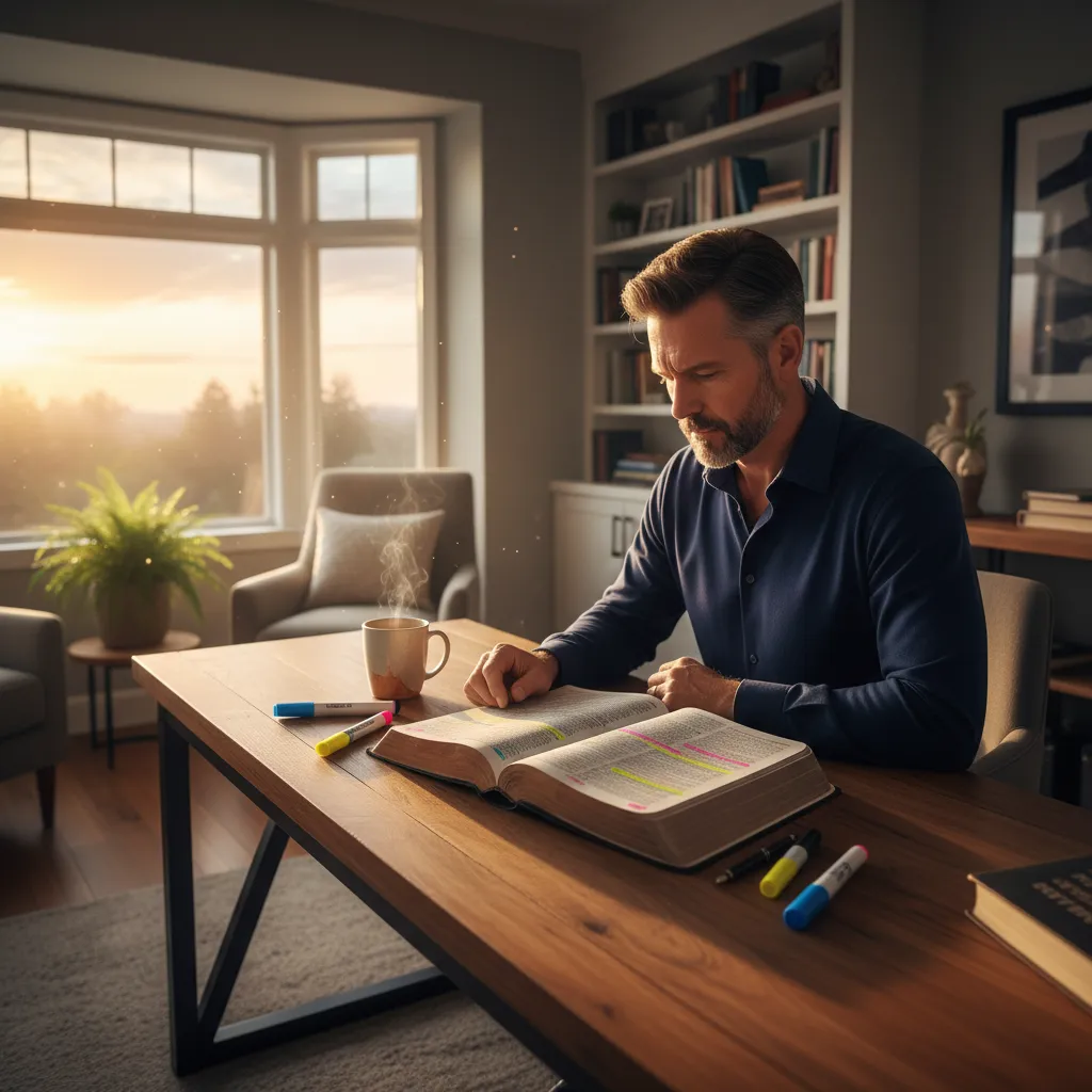 Professional adult man engaged in early morning Bible study with open Bible, study notes, and coffee in a peaceful home setting