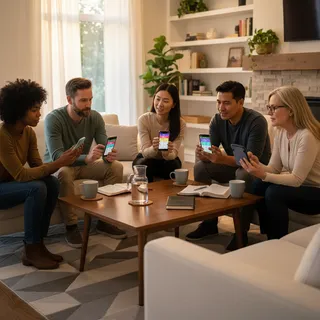 Adults in small group discussion with Bible quiz scores on phones