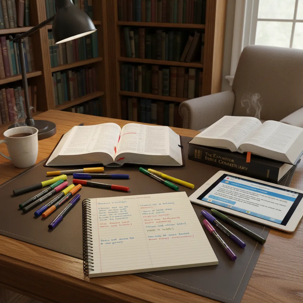 Adult Bible study workspace with open study Bible, commentary, notebook with handwritten notes, tablet showing Bible app, and highlighters