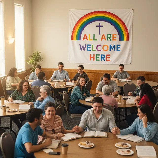 Affirming church Bible study class with diverse congregation members