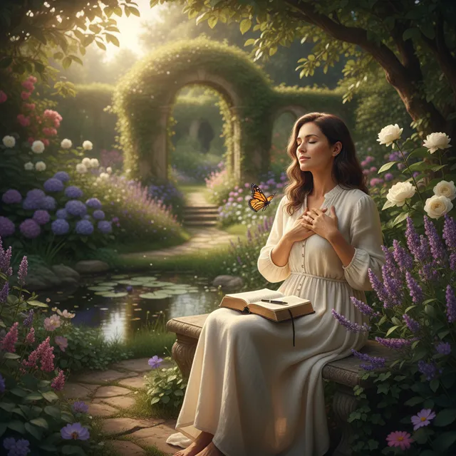 Person in peaceful garden setting with Bible and journal for spiritual healing