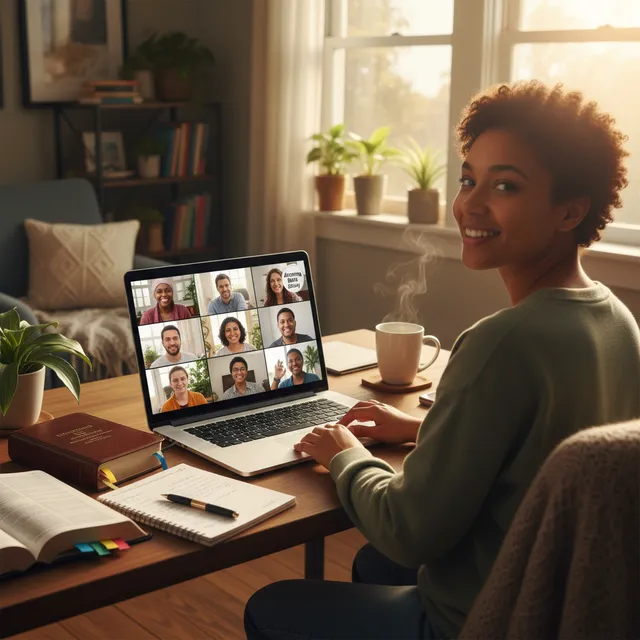 Person participating in online Bible study via laptop video call