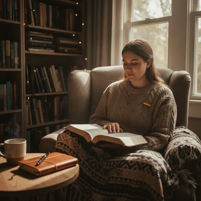Person reading Bible in cozy reading nook for personal devotion