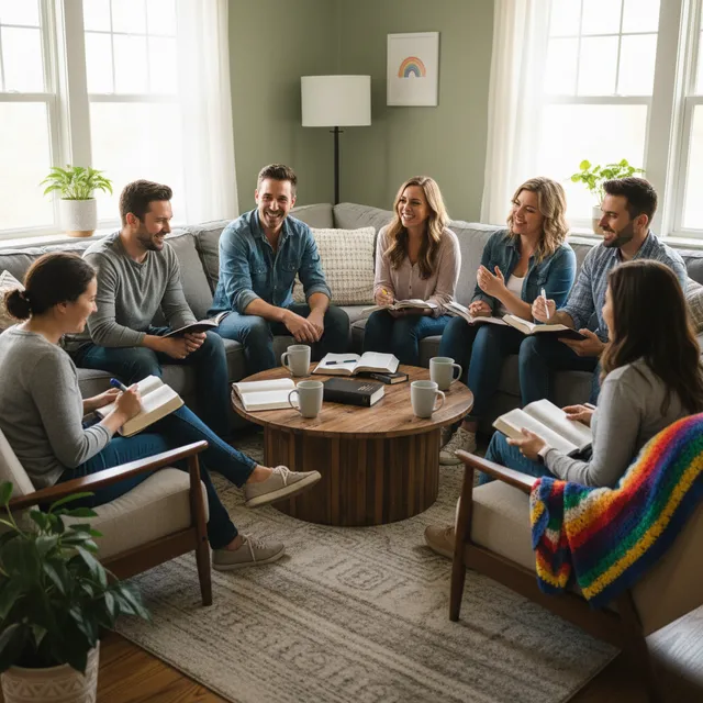 Diverse small group studying Bible together in welcoming atmosphere