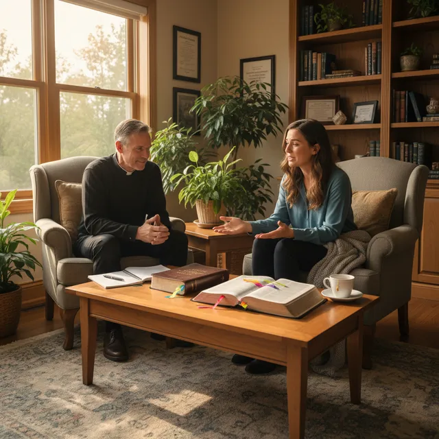 Pastor or counselor meeting with person in comfortable office setting with open Bibles between them