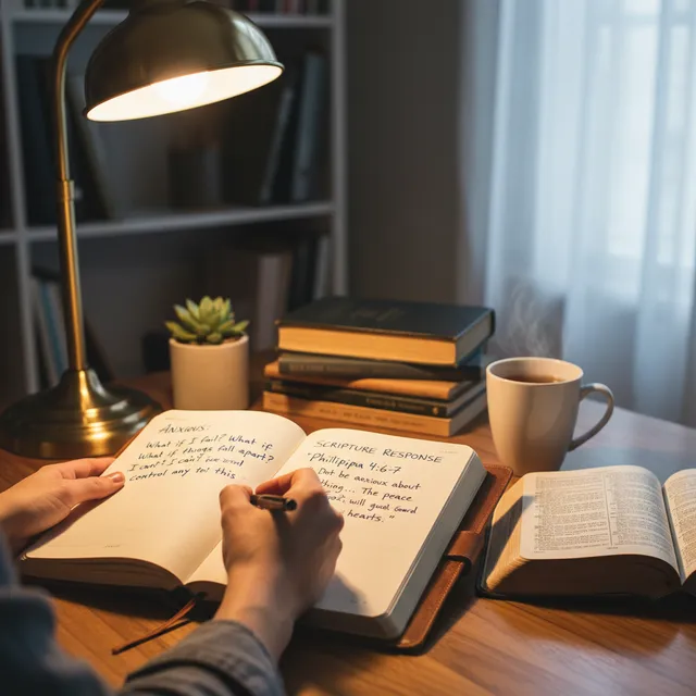 Close-up of hands writing in journal with Bible open beside it capturing thoughts with warm desk lamp lighting