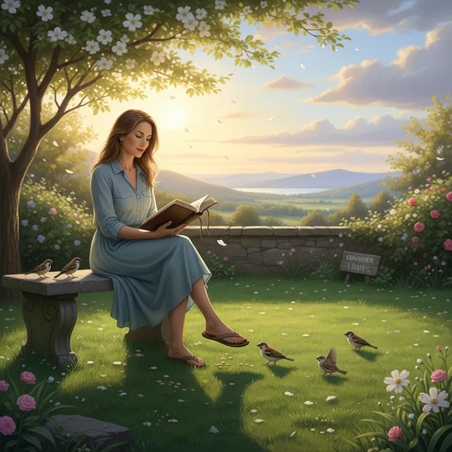 Person reading Bible outdoors in peaceful garden setting with birds nearby in calm natural environment
