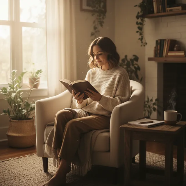 Person sitting in peaceful morning light reading Bible with cup of tea in cozy home setting with journaling notebook nearby