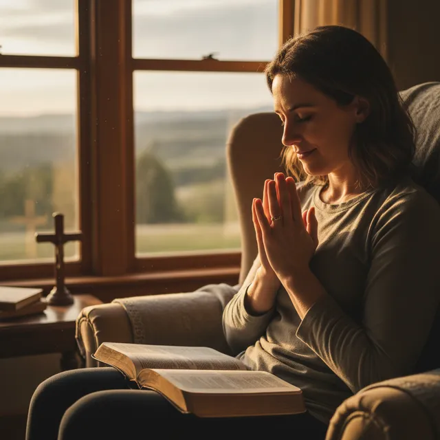 Person with hands clasped in prayer with Bible open on lap with soft golden hour lighting through window