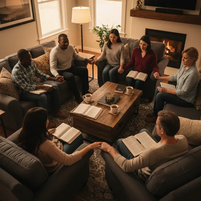 Small group of diverse adults in comfortable living room with Bibles open holding hands in prayer with warm cozy lighting