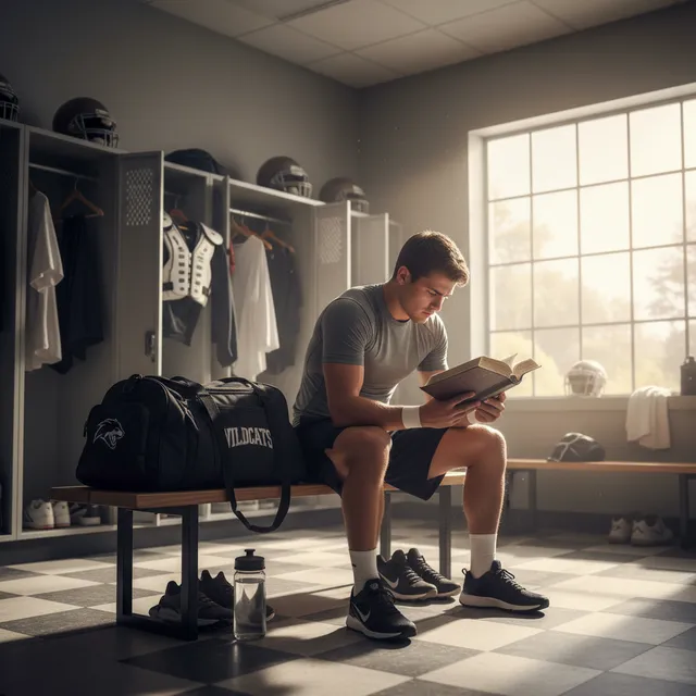 Young athlete sitting in locker room reading Bible before game with athletic equipment visible