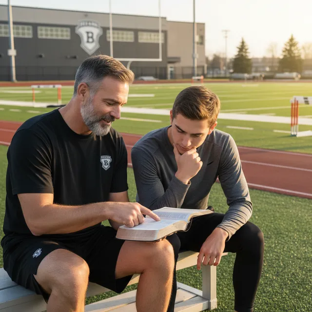 Experienced coach or mentor with younger athlete studying Bible together at training facility
