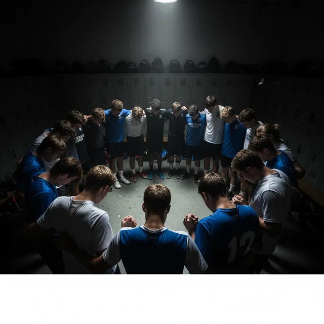 Team of athletes in a huddle praying before a game, heads bowed in prayer circle on sideline