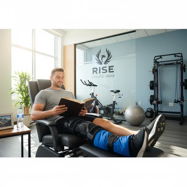 Athlete in recovery from injury reading Bible in physical therapy or training room setting