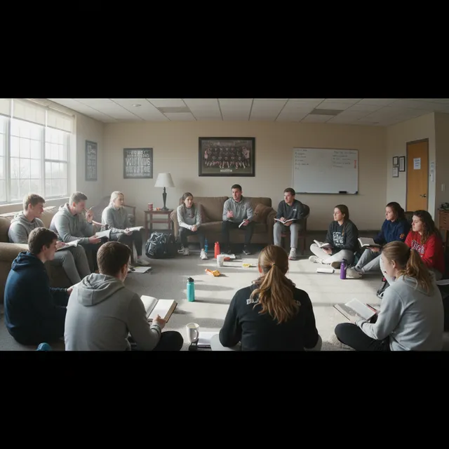 Group of college athletes in team Bible study session sitting in circle with Bibles and notebooks