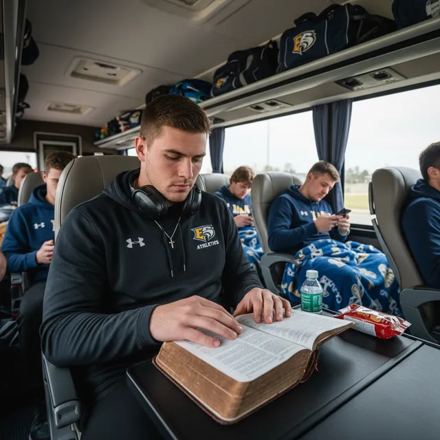 Athlete reading Bible on team bus during travel to competition with teammates in background